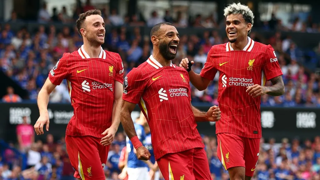 Mohamed Salah of Liverpool celebrates scoring his team’s second goal with teammates Diogo Jota and Luis Diaz. Marc Atkins/Getty Images