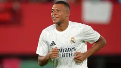 Kylian Mbappe of Real Madrid looks on during the warm up prior to the La Liga match between RCD Mallorca and Real Madrid