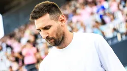 Messi (injured) before the soccer game between Inter Miami and Chicago Fire FC during MLS at Chase Stadium in Fort Lauderdale.