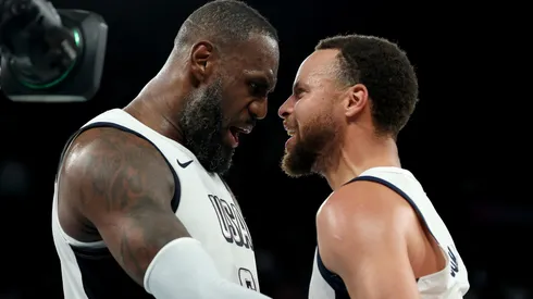 LeBron James #6 and Stephen Curry #4 of Team United States celebrate after their team's win against Team Serbia during a Men's basketball semifinals match between Team United States and Team Serbia.