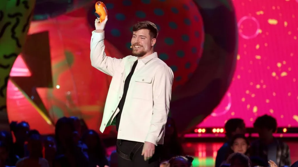 MrBeast accepts the Favorite Male Creator award onstage during the 2023 Nickelodeon Kids’ Choice Awards at Microsoft Theater. (Photo by Monica Schipper/Getty Images for Nickelodeon)