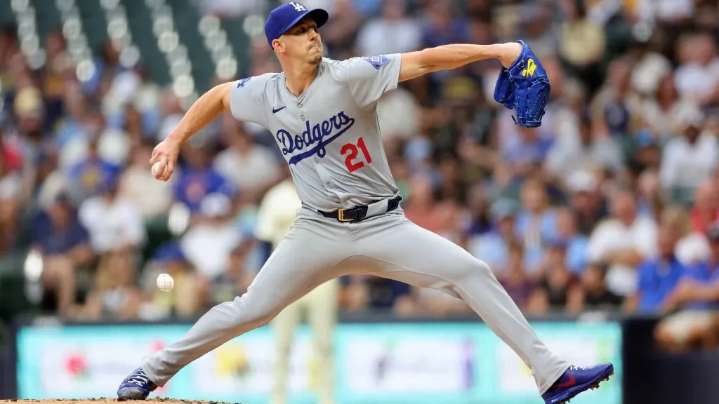 Walker Buehler #21 of the Los Angeles Dodgers throws a pitch during the first inning against the Milwaukee Brewers at American Family Field. (Photo by Stacy Revere/Getty Images)