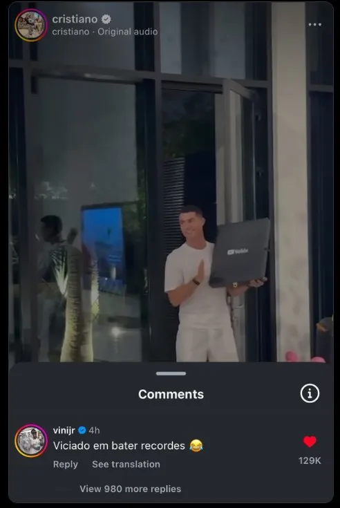 Vinicius Jr commented on Cristiano Ronaldo’s Instagram post. Via Instagram