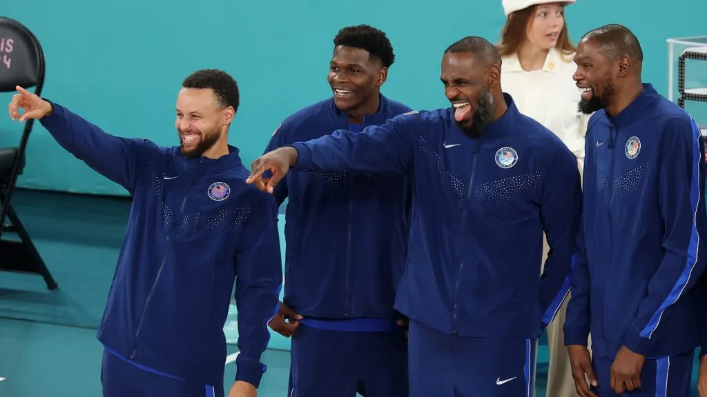 Gold medalists Stephen Curry, Anthony Edwards, LeBron James and Kevin Durant of Team United States react on the podium during the Men’s basketball medal ceremony on day fifteen of the Olympic Games Paris 2024. (Photo by Michael Reaves/Getty Images)