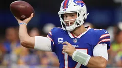 Quarterback Josh Allen #17 of the Buffalo Bills warms up before the NFL game against the Los Angeles Rams at SoFi Stadium on September 08, 2022 in Inglewood, California.