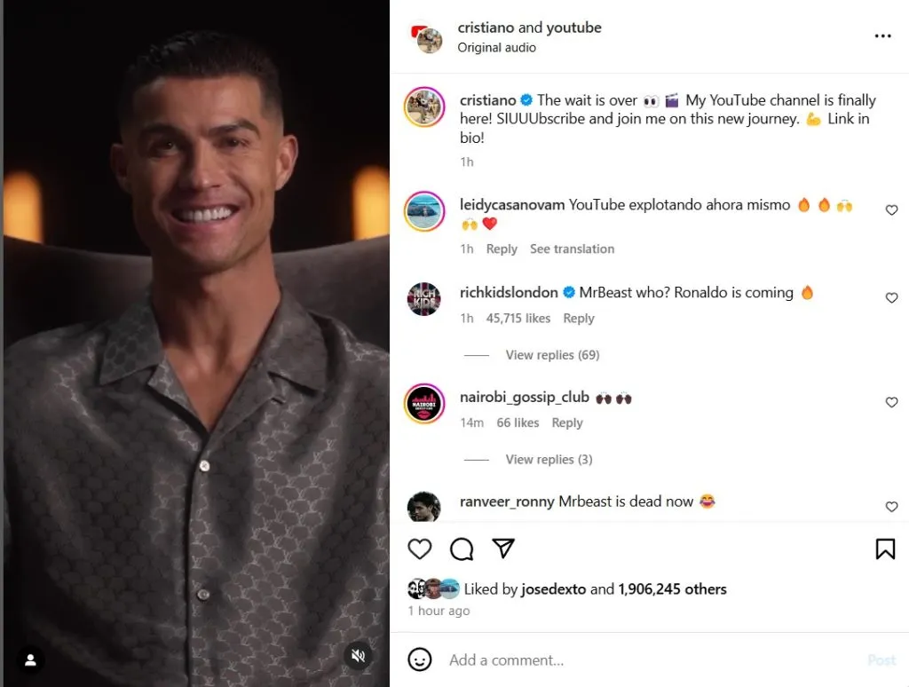 Cristiano Ronaldo announces his own YouTube channel. Via Instagram