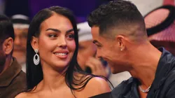 Cristiano Ronaldo and his wife Georgina Rodríguez speak ringside prior to the Heavyweight fight between Tyson Fury and Francis Ngannou at Boulevard Hall on October 28, 2023 in Riyadh, Saudi Arabia.
