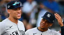 Aaron Judge #99 of the New York Yankees laughs with teammates during player introductions prior to the game against the Detroit Tigers at Bowman Field on August 18, 2024 in South Williamsport, Pennsylvania.
