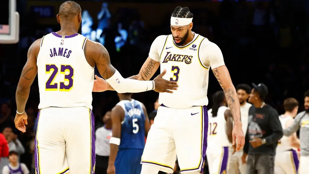 LeBron James #23 and Anthony Davis #3 of the Los Angeles Lakers. Ronald Martinez/Getty Images