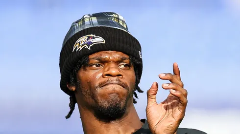 Lamar Jackson #8 of the Baltimore Ravens warms up before a preseason game against the Philadelphia Eagles at M&T Bank Stadium on August 9, 2024 in Baltimore, Maryland.