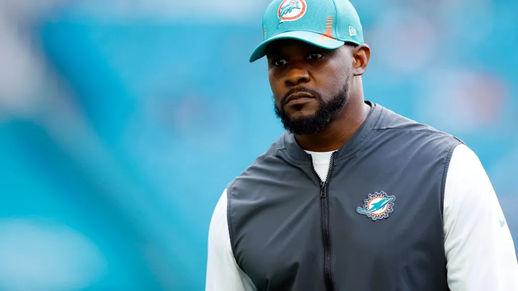 Head coach Brian Flores of the Miami Dolphins walks the field prior to the game against the New England Patriots at Hard Rock Stadium on January 09, 2022 in Miami Gardens, Florida.