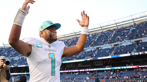 Tua Tagovailoa #1 of the Miami Dolphins celebrates a win over the Chicago Bears at Soldier Field on November 06, 2022 in Chicago, Illinois.