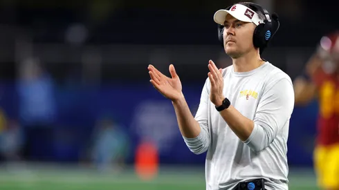 Head coach Lincoln Riley of the USC Trojans looks on as USC plays the Tulane Green Wave in the first half of the Goodyear Cotton Bowl Classic on January 2, 2023 at AT&T Stadium in Arlington, Texas.