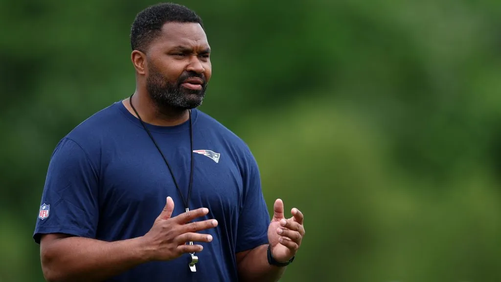New England Patriots head coach Jerod Mayo looks on during the New England Patriots OTA Offseason Workout on May 29, 2024 in Foxborough, Massachusetts.