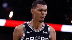 Victor Wembanyama #1 of the San Antonio Spurs celebrates after scoring against the Houston Rockets in overtime at Frost Bank Center on October 27, 2023 in San Antonio, Texas. (Photo by Ronald Cortes/Getty Images)