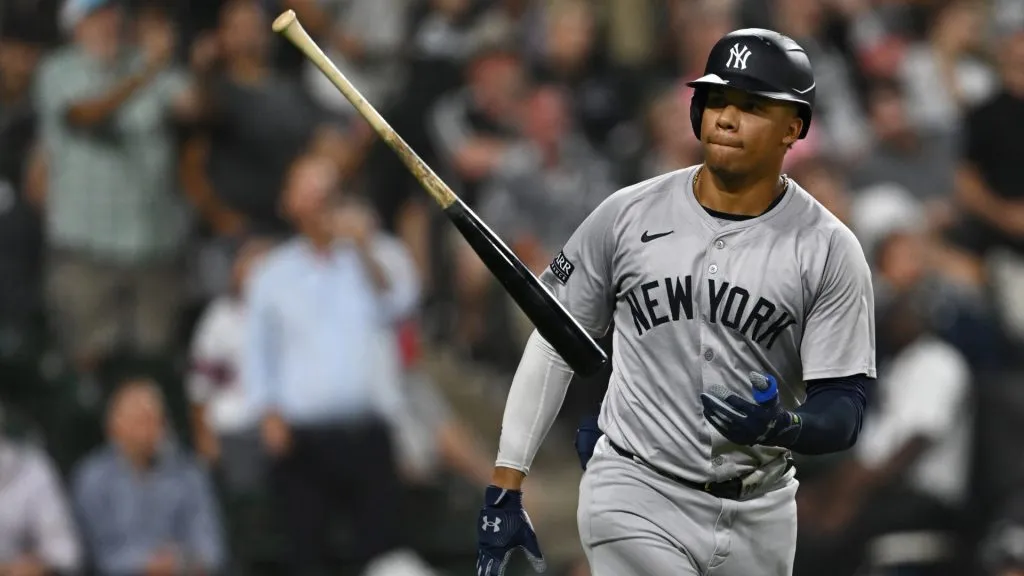 Juan Soto #22 of the New York Yankees tosses his bat after a solo home run in the seventh inning against the Chicago White Sox at Guaranteed Rate Field on August 13, 2024 in Chicago, Illinois. (Photo by Quinn Harris/Getty Images)