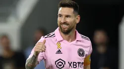 Lionel Messi #10 of Inter Miami CF reacts after a play in the first half during a match between Inter Miami CF and Los Angeles Football Club at BMO Stadium.