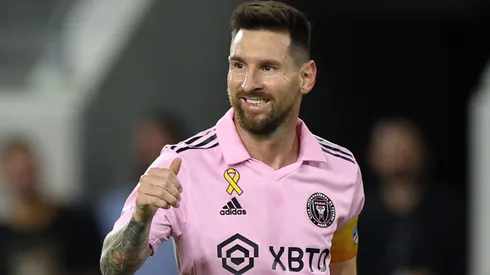 Lionel Messi #10 of Inter Miami CF reacts after a play in the first half during a match between Inter Miami CF and Los Angeles Football Club at BMO Stadium.