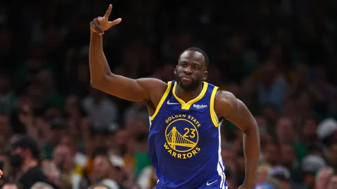 Draymond Green #23 of the Golden State Warriors celebrates a three pointer against the Boston Celtics