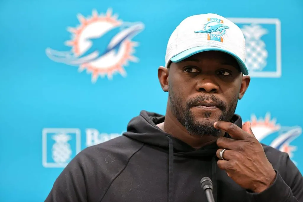 March 1, 2023: Miami Dolphins head coach Brian Flores talks to the media before practice at Baptist Health Training Complex in Hard Rock Stadium on Oct. 20, 2021, in Miami Gardens, Florida. – ZUMAm67_ 0240449994st Copyright: xDavidxSantiagox