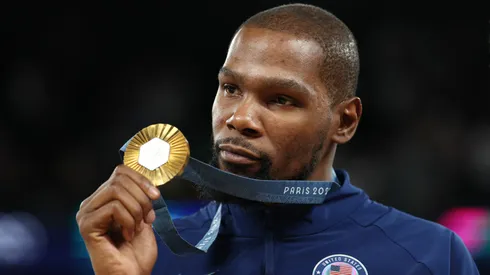 Gold medalist Kevin Durant of Team United States poses for a photo during the Men's basketball medal ceremony