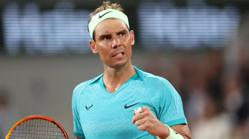 Rafael Nadal of Spain celebrates a point against Alexander Zverev of Germany
