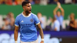 Valentin Castellanos #11 of NYCFC reacts after scoring on his penalty kick during a quarterfinals match against Pumas in the Leagues Cup 2021 at Yankee Stadium on August 11, 2021 in New York City.