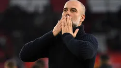 Pep Guardiola, Manager of Manchester City, acknowledges the fans after the team's victory during the Premier League match between Southampton FC and Manchester City at Friends Provident St. Mary's Stadium on April 08, 2023 in Southampton, England.
