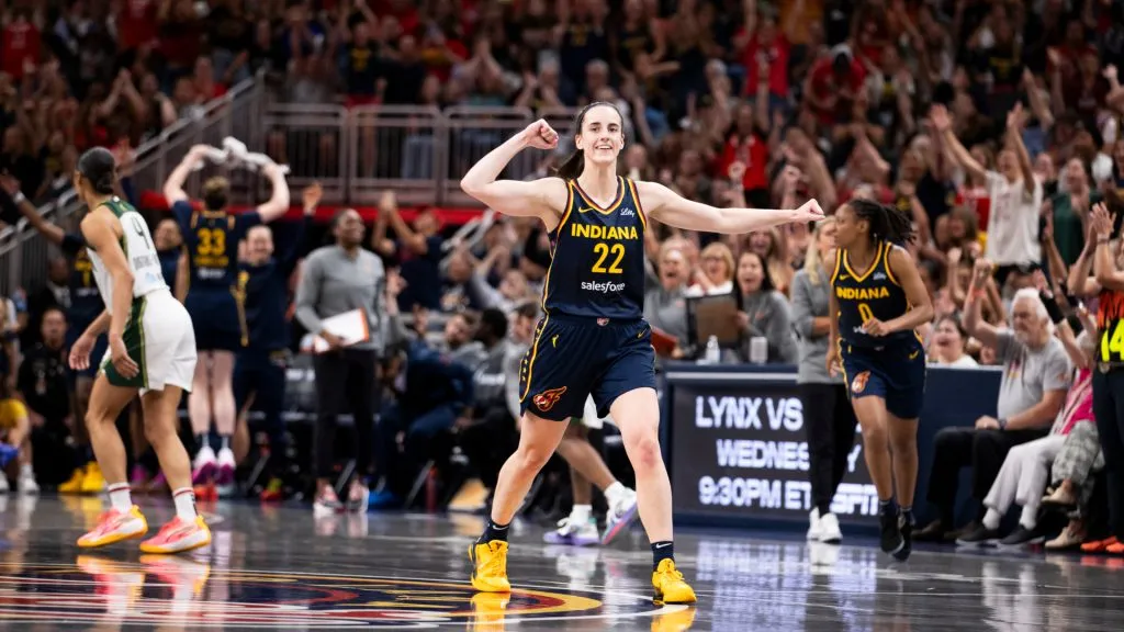 Caitlin Clark #22 of the Indiana Fever celebrates in the second half of a game against the Seattle Storm. Chet White/Getty Images