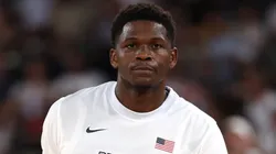Anthony Edwards #5 of Team United States looks on prior to quarterfinal game between Team United States and Team Brazil