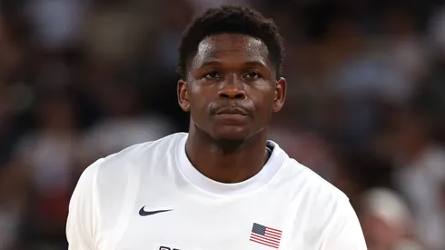 Anthony Edwards #5 of Team United States looks on prior to quarterfinal game between Team United States and Team Brazil