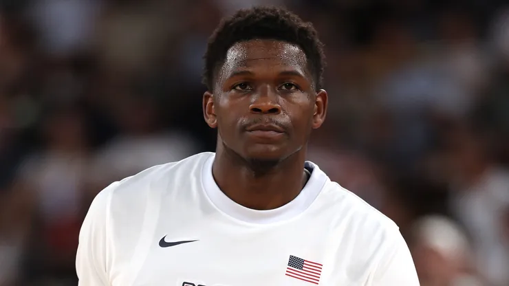 Anthony Edwards #5 of Team United States looks on prior to quarterfinal game between Team United States and Team Brazil