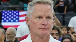 Head coach Steve Kerr of the United States stands on the court as the United States national anthem is performed before a 2023 FIBA World Cup exhibition game against Puerto Rico at T-Mobile Arena on August 07, 2023 in Las Vegas, Nevada. The United States defeated Puerto Rico 117-74.