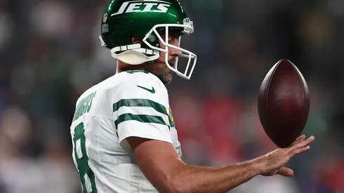 Quarterback Aaron Rodgers #8 of the New York Jets warms up before the NFL game against the Buffalo Bills at MetLife Stadium on September 11, 2023 in East Rutherford, New Jersey.
