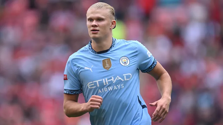 Erling Haaland of Manchester City in action during the 2024 FA Community Shield match between Manchester United and Manchester City
