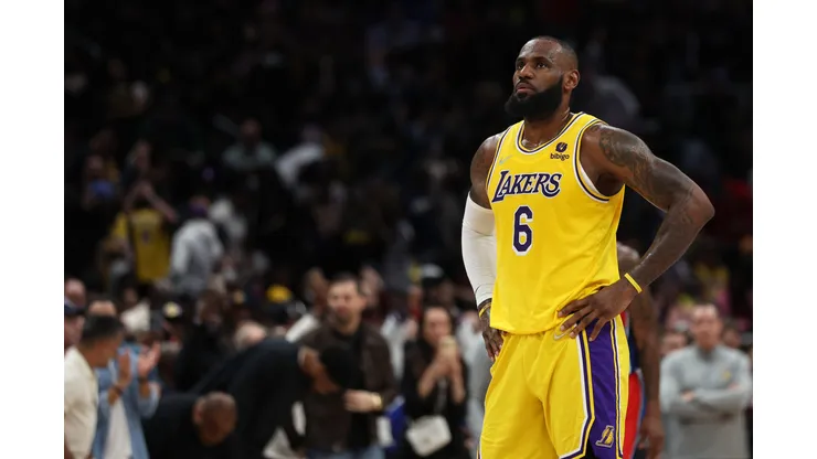 LeBron James #6 of the Los Angeles Lakers looks on after scoring against the Washington Wizards during the second quarter at Capital One Arena on March 19, 2022 in Washington, DC. With the point, LeBron James passed Karl Malone to become second on the NBA's all-time scoring list.