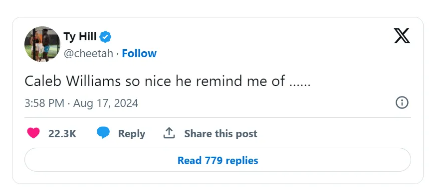 Tyreek Hill reacting to Caleb Williams