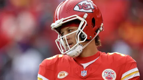 Patrick Mahomes #15 of the Kansas City Chiefs looks on before the game against the Buffalo Bills at GEHA Field at Arrowhead Stadium on December 10, 2023 in Kansas City, Missouri.