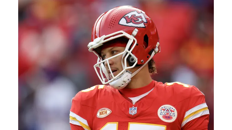Patrick Mahomes #15 of the Kansas City Chiefs looks on before the game against the Buffalo Bills at GEHA Field at Arrowhead Stadium on December 10, 2023 in Kansas City, Missouri.