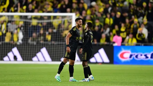 Denis Bouanga celebrates LAFC’s goal.