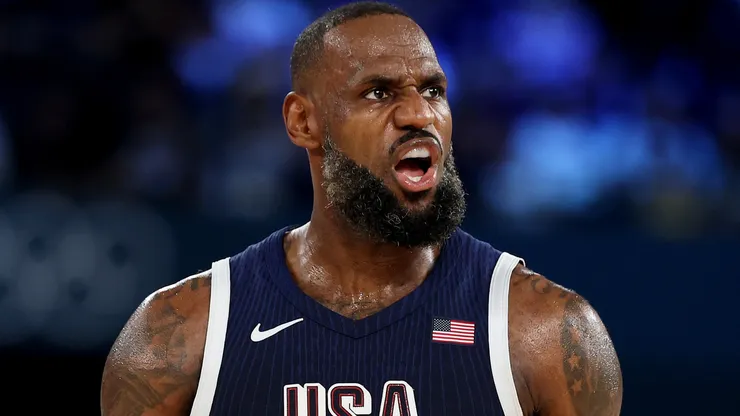 LeBron James #6 of Team United States reacts during the Men's Gold Medal game between Team France and Team United States on day fifteen of the Olympic Games Paris 2024 at Bercy Arena on August 10, 2024 in Paris, France.