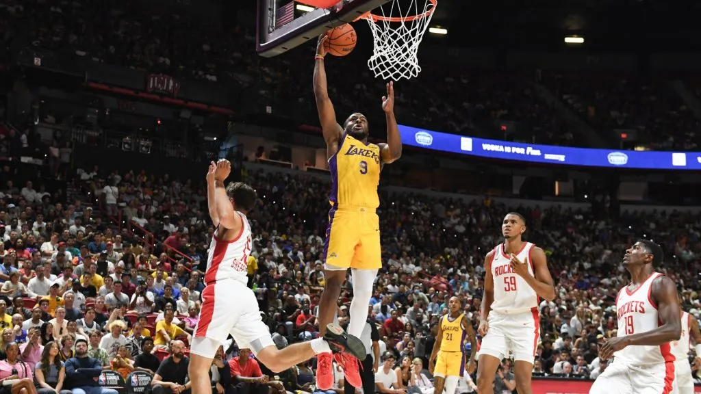 Bronny James Jr. #9 of the Los Angeles Lakers scores on the Houston Rockets in the first half of a 2024 NBA Summer League game at the Thomas &amp; Mack Center on July 12, 2024 in Las Vegas, Nevada. The Rockets defeated the Lakers 99-80. (Photo by Candice Ward/Getty Images)