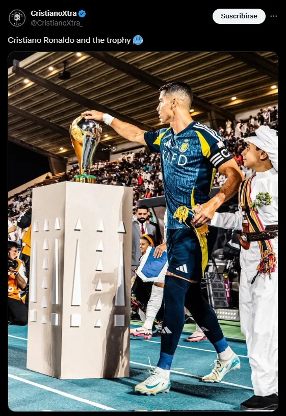 Portuguese star Cristiano Ronaldo of Al-Nassr touched the trophy before the 2024 Saudi Super Cup final. Via “X”