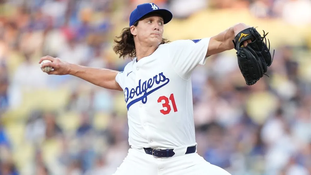 Tyler Glasnow #31 of the Los Angeles Dodgers pitches against the Milwaukee Brewers during the first inning at Dodger Stadium on July 05, 2024 in Los Angeles, California. (Photo by Michael Owens/Getty Images)