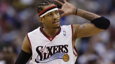 Allen Iverson #3 of the Philadelphia 76ers during a game against the Washington Wizards on March 30, 2003.