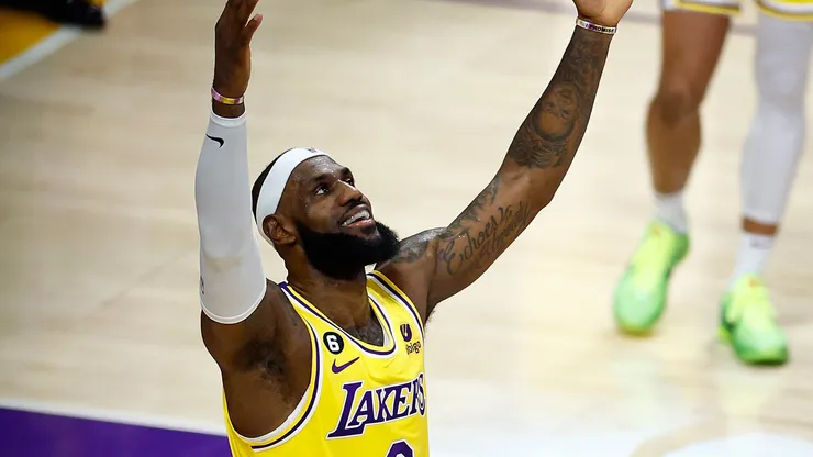 LeBron James #6 of the Los Angeles Lakers reacts after scoring to pass Kareem Abdul-Jabbar to become the NBA's all-time leading scorer, surpassing Abdul-Jabbar's career total of 38,387 points against the Oklahoma City Thunder at Crypto.com Arena on February 07, 2023 in Los Angeles, California.