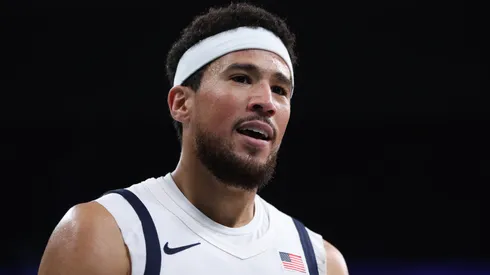 Devin Booker #15 of Team United States looks on during a Men's Group Phase - Group C game between the United States and South Sudan