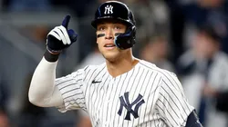 Aaron Judge #99 of the New York Yankees celebrates his solo home run in the fifth inning against the Cleveland Guardians at Yankee Stadium on April 22, 2022 in the Bronx borough of New York City.