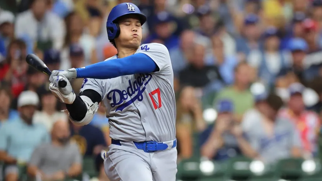 Shohei Ohtani #17 of the Los Angeles Dodgers at bat during a game against the Milwaukee Brewers at American Family Field on August 13, 2024 in Milwaukee, Wisconsin. (Photo by Stacy Revere/Getty Images)