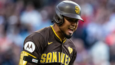 Luis Arraez #4 of the San Diego Padres reacts to his line out to right field during the fifth inning of the game against the Cleveland Guardians at Progressive Field on July 19, 2024 in Cleveland, Ohio.